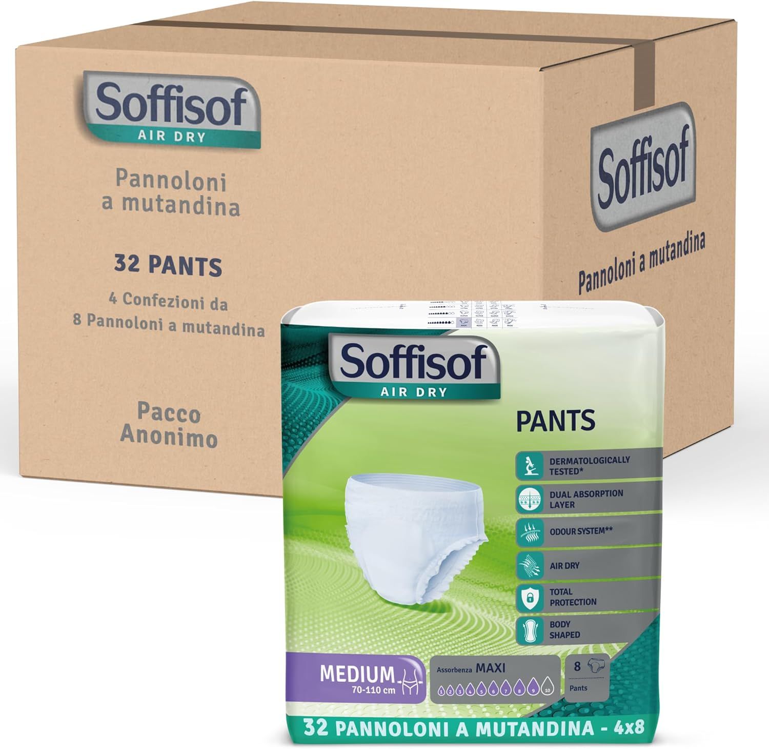 Soffisof Pants Maxi. Scatola e confezione con informazioni sul prodotto. Taglia Medium.