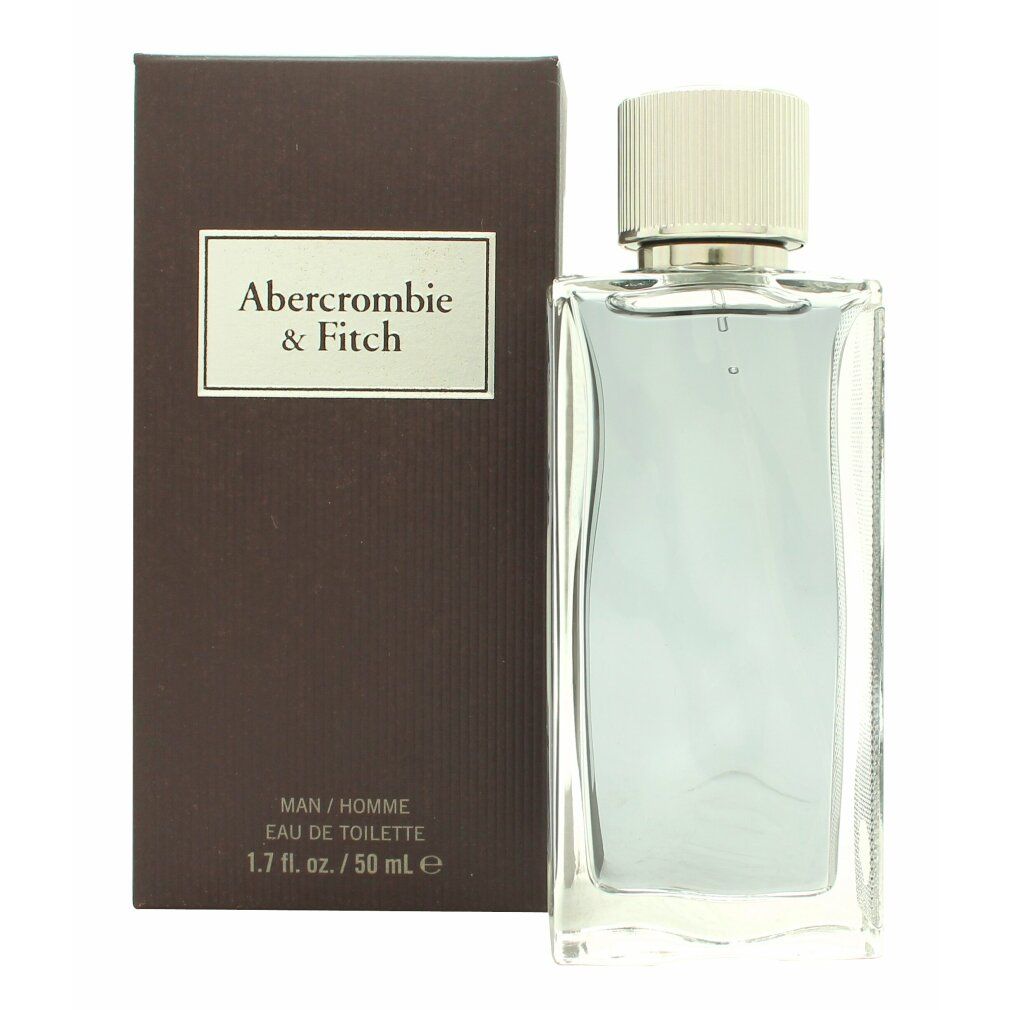 Flakon und Verpackung von Abercrombie & Fitch Eau de Toilette. Rechteckiger Flakon mit silbernem Verschluss. Braune Verpackung mit Logo.