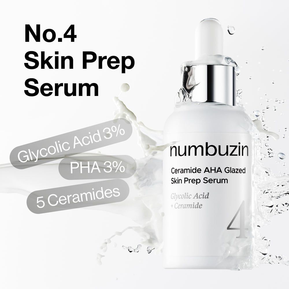 Numbuzin Nr.4 Serum mit Spritzern: Flasche und Text "Glycolic Acid 3%", "PHA 3%", "5 Ceramides".