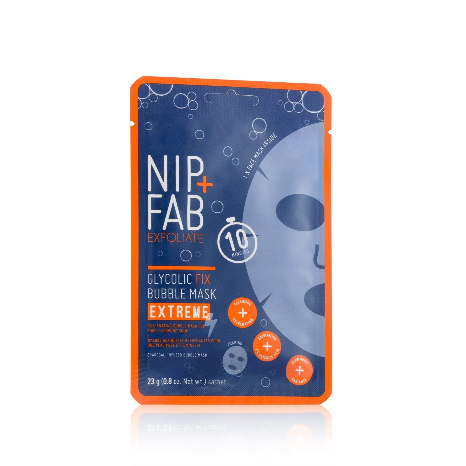 Verpackung der Nip+Fab Glycolic Acid Fix Extreme Blasenmaske. Blaue und orangefarbene Verpackung mit Produktnamen und Logo. Enthält eine Gesichtsmaske.