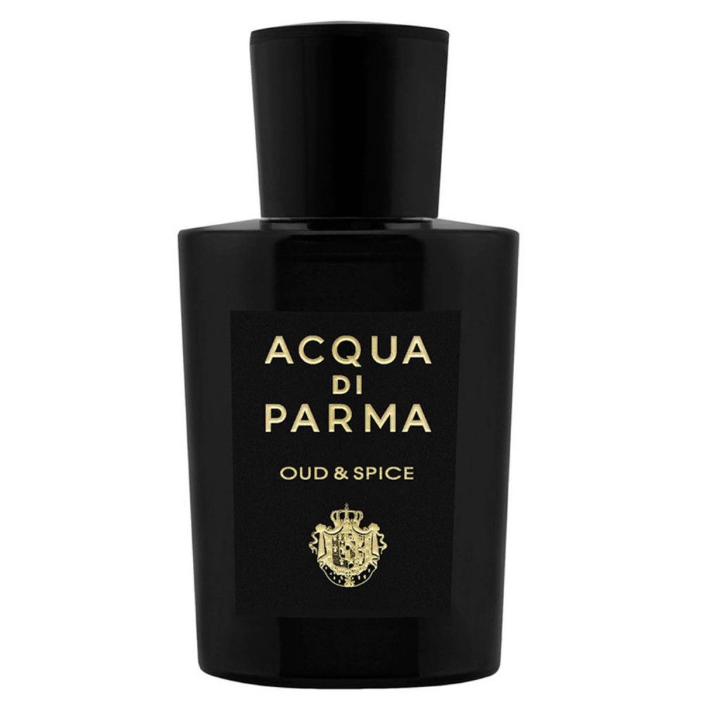 Schwarze Flasche mit Aufschrift ACQUA DI PARMA OUD & SPICE. Goldfarbenes Logo. Schwarzer Verschluss.