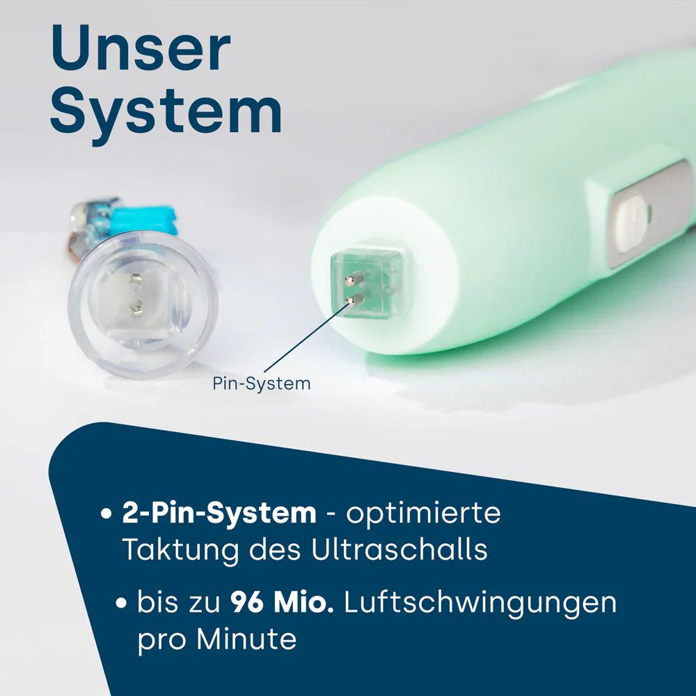 Nahaufnahme des Zahnbürstenkopfes. 2-Pin-System für optimierte Ultraschall-Taktung. Bis zu 96 Mio. Luftschwingungen.