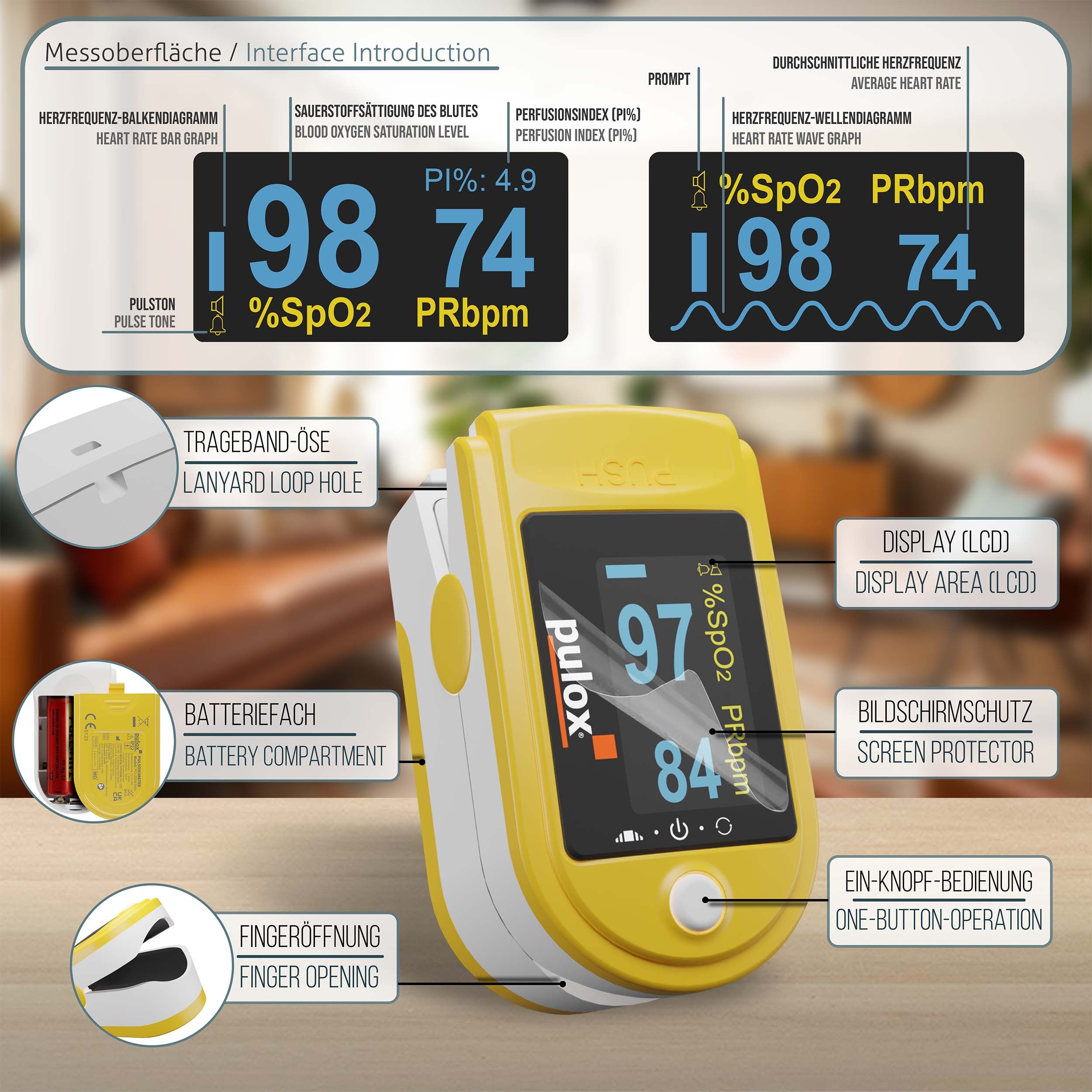 Pulox PO-200A Solo - Finger-Pulsoximeter - Gelb