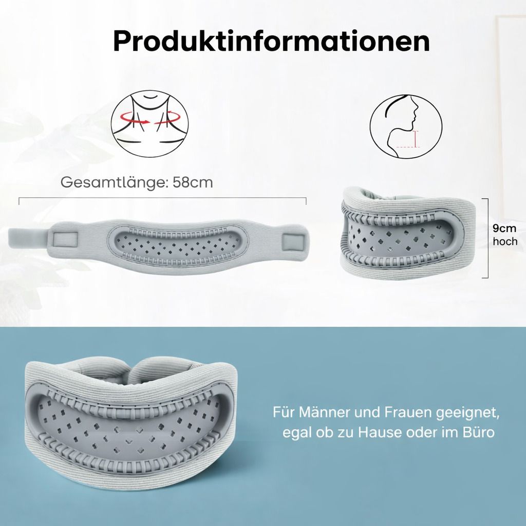 Nackenstütze, grau. Draufsicht und Seitenansicht. Maße: 58cm lang, 9cm hoch. Text: Für Männer und Frauen geeignet.
