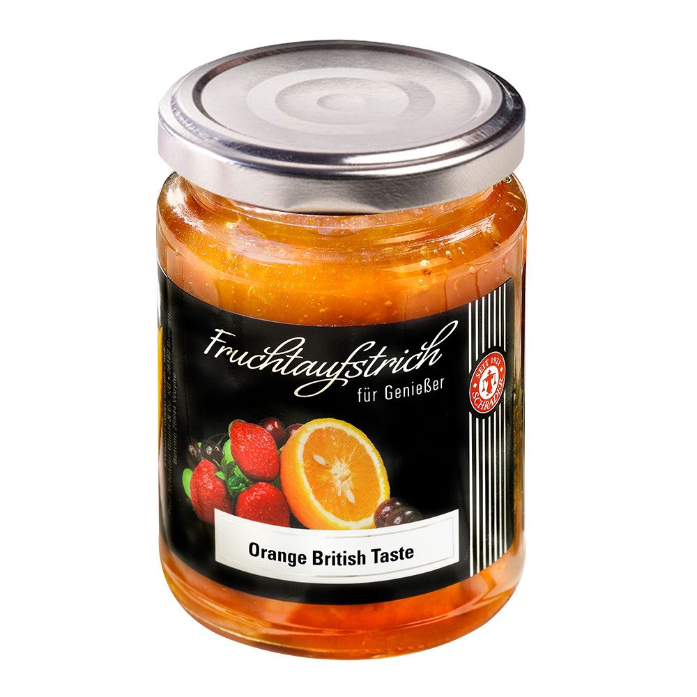 Glas mit Orangenmarmelade. Schwarzes Etikett mit Früchten und Schriftzug "Orange British Taste".