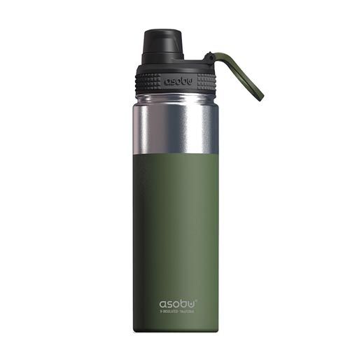 Grüne Trinkflasche mit schwarzem Deckel und Trageschlaufe. Silberner Mittelteil. Marke Asobu.