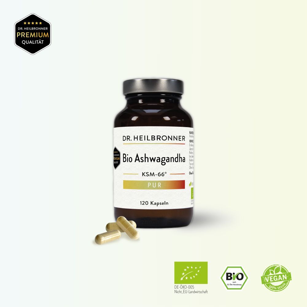 Braune Glasflasche mit Kapseln. Aufschrift: Dr. Heilbronner Bio Ashwagandha PUR, 120 Kapseln. Bio- und Vegan-Siegel.