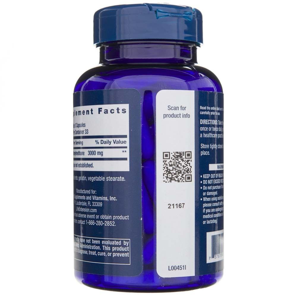 Seite der Life Extension MSM 1000 mg Flasche mit QR-Code und Barcode für Produktinformationen.