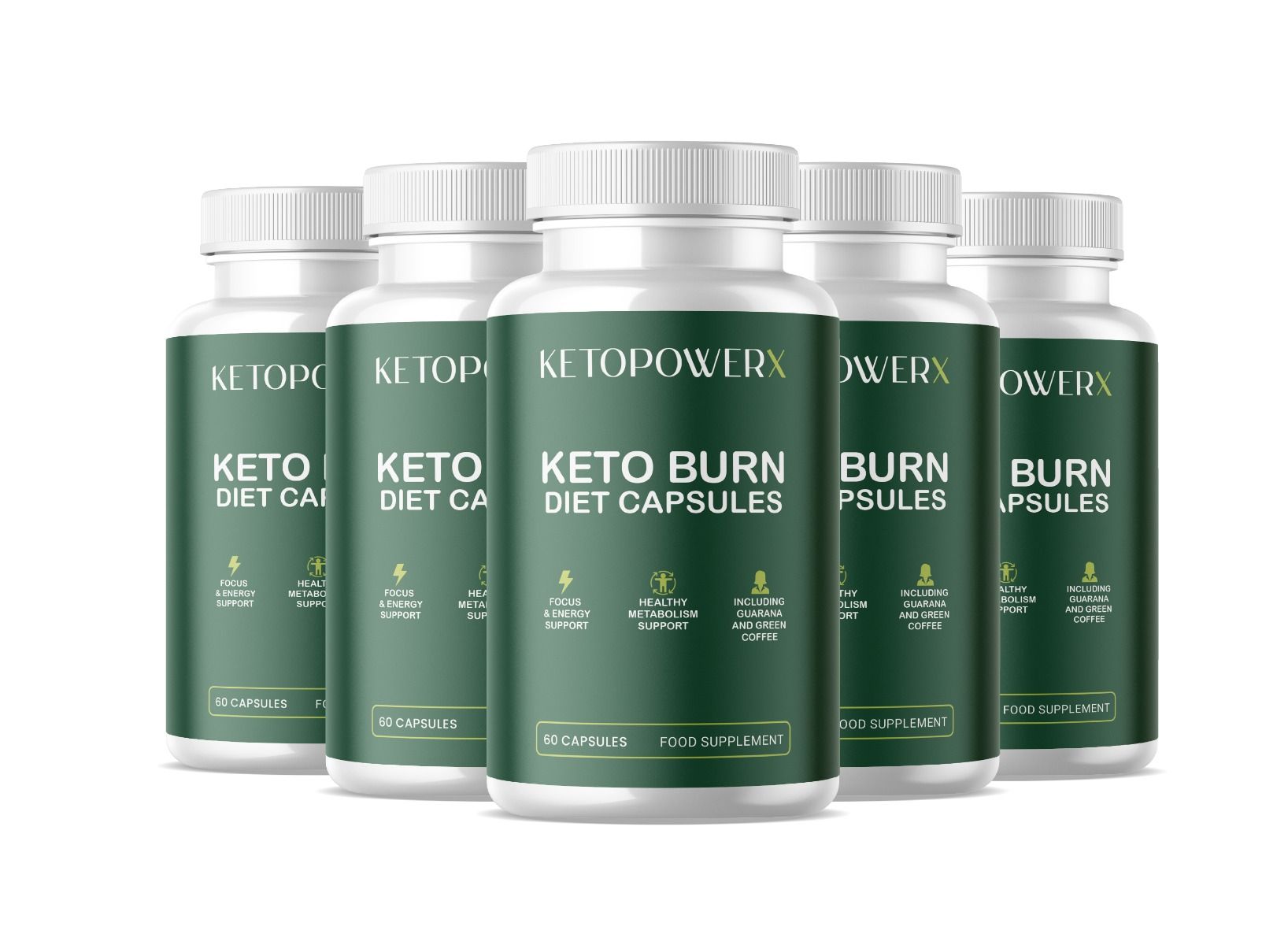 Fünf weiße Flaschen mit grünem Etikett. Auf dem Etikett steht "KETOPOWERX" und "KETO BURN DIET CAPSULES". Enthält 60 Kapseln.
