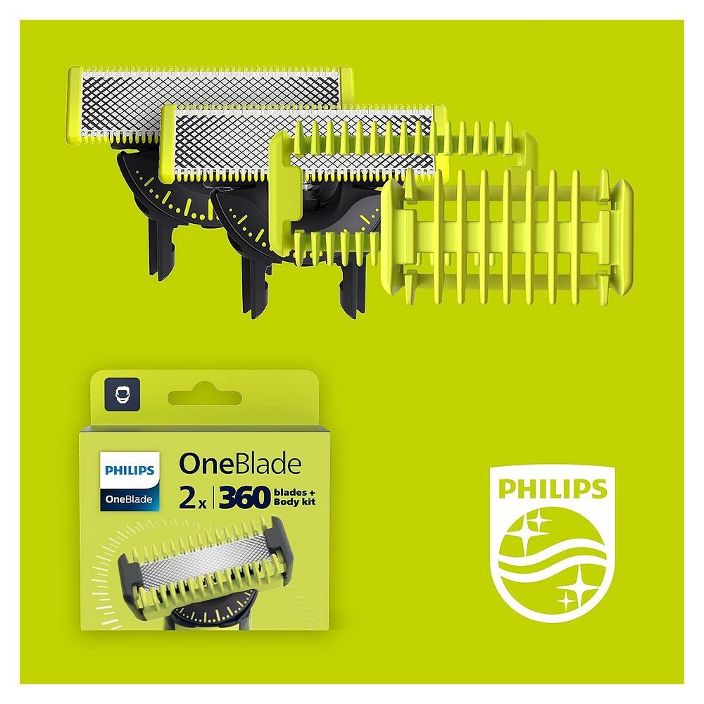Philips OneBlade 2x 360 Body Kit Verpackung mit drei Klingenaufsätzen und Philips Logo.