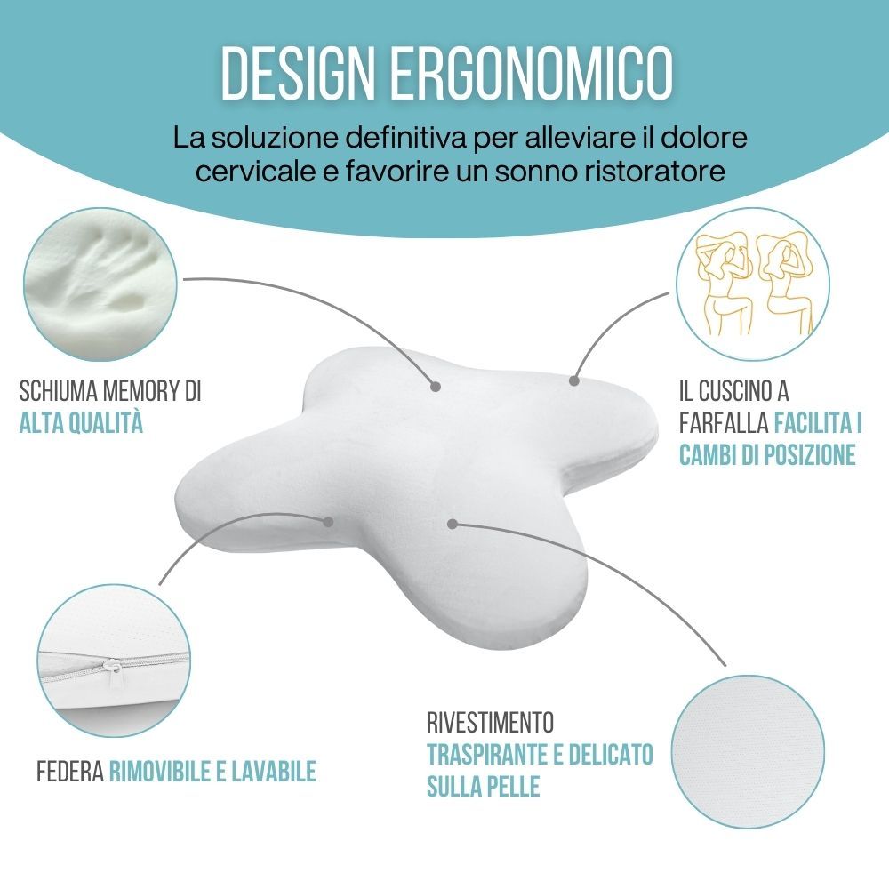Cuscino a farfalla bianco. Design ergonomico, memory foam, fodera rimovibile.