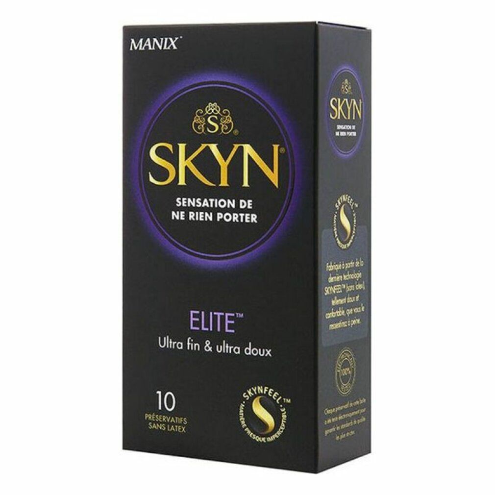 Schwarze Schachtel mit SKYN-Logo und Text. Enthält 10 Kondome. Aufschrift: Elite, Ultra fin & ultra doux.