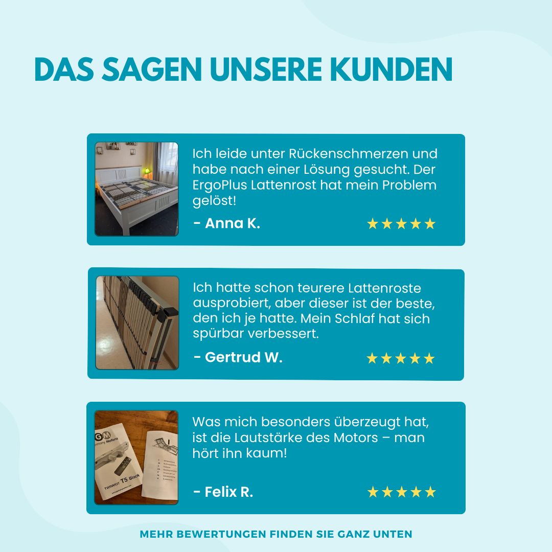 Drei Kundenbewertungen. Zitate über Rückenschmerzen, Schlafverbesserung und leisen Motor. Fünf Sterne Bewertung.