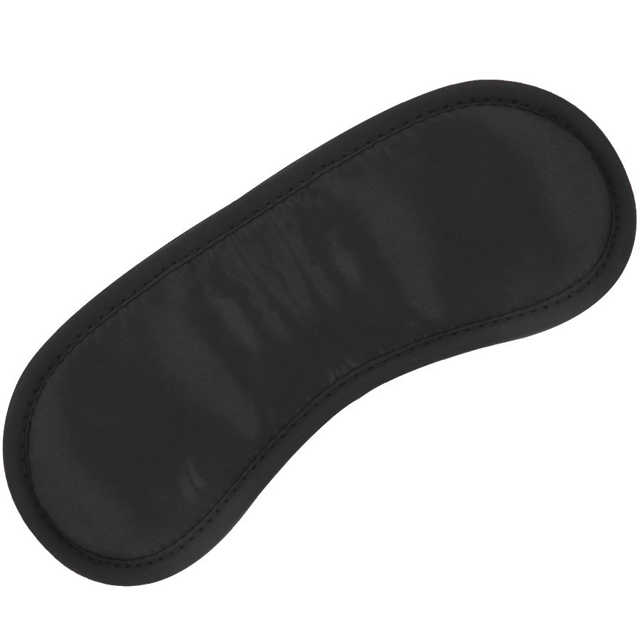 Schwarze Augenmaske aus Stoff mit Nähten am Rand.