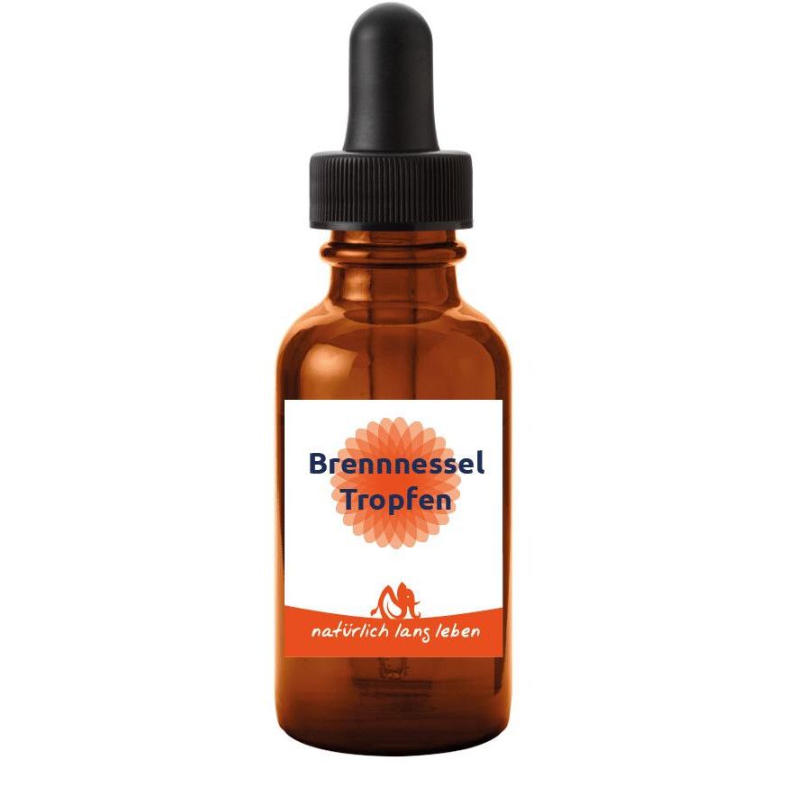 Braune Glasflasche mit Tropfer. Etikett mit "Brennessel Tropfen" und Logo. Schwarzer Verschluss.