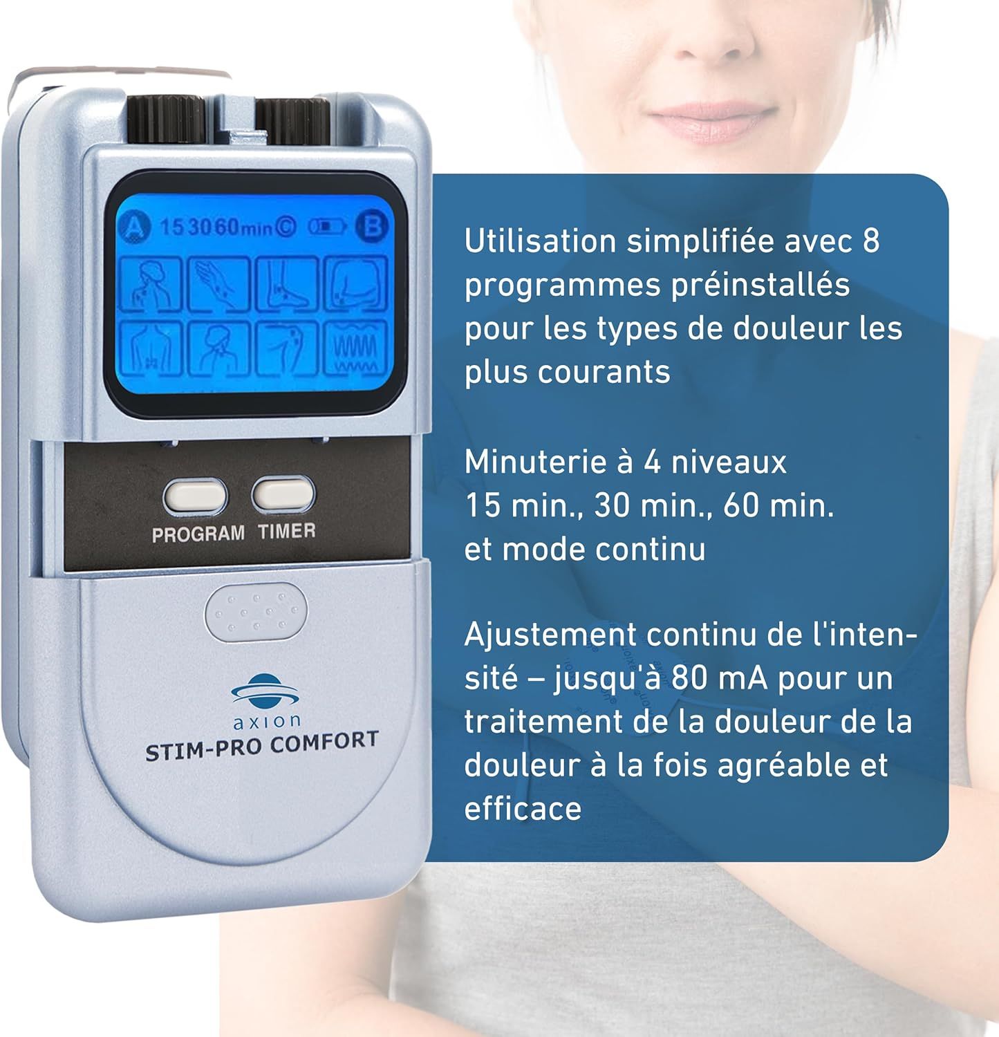 Appareil TENS axion® STIM-PRO Comfort+. Écran bleu, boutons. Dispositif médical. Texte : Programme, Minuteur.