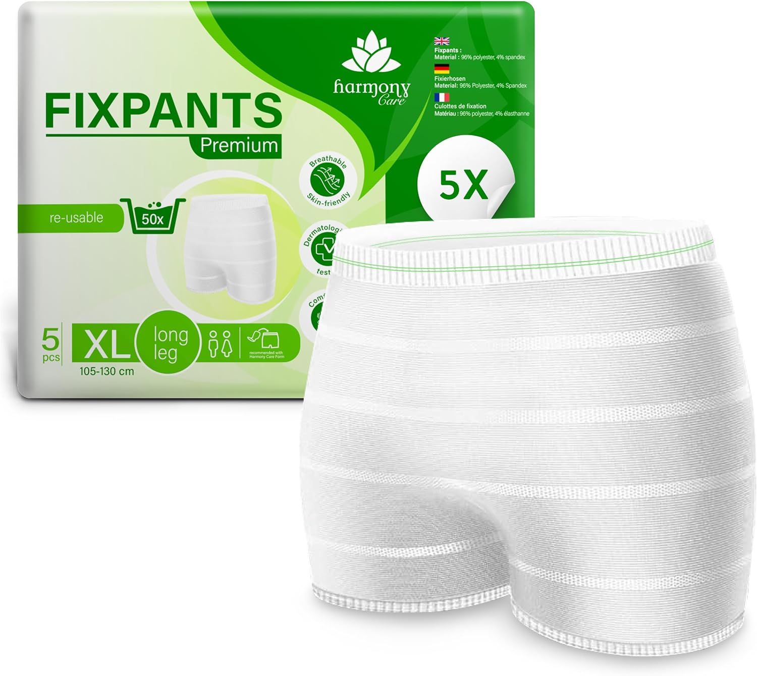 Harmony Care Fixpants Premium: 5 wiederverwendbare Netzhosen, Größe XL, 105-130 cm. Weiß mit grünen Akzenten.
