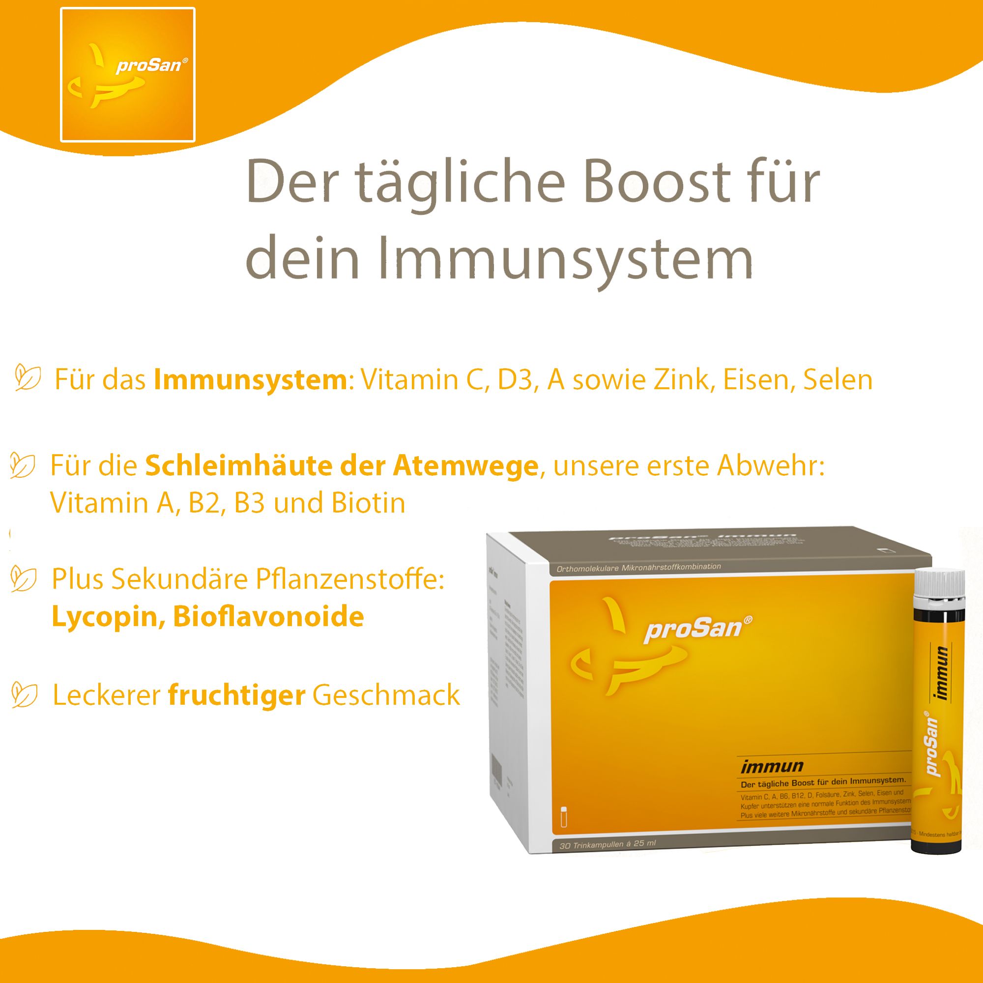 proSan immun Trinkampullen: Box und eine Ampulle mit Vitaminen und Spurenelementen für das Immunsystem.