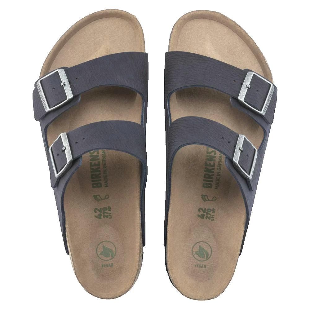 Sandali grigio scuro con due cinturini e fibbie. Plantare in sughero. Logo Birkenstock. Taglia 42. Logo vegano.