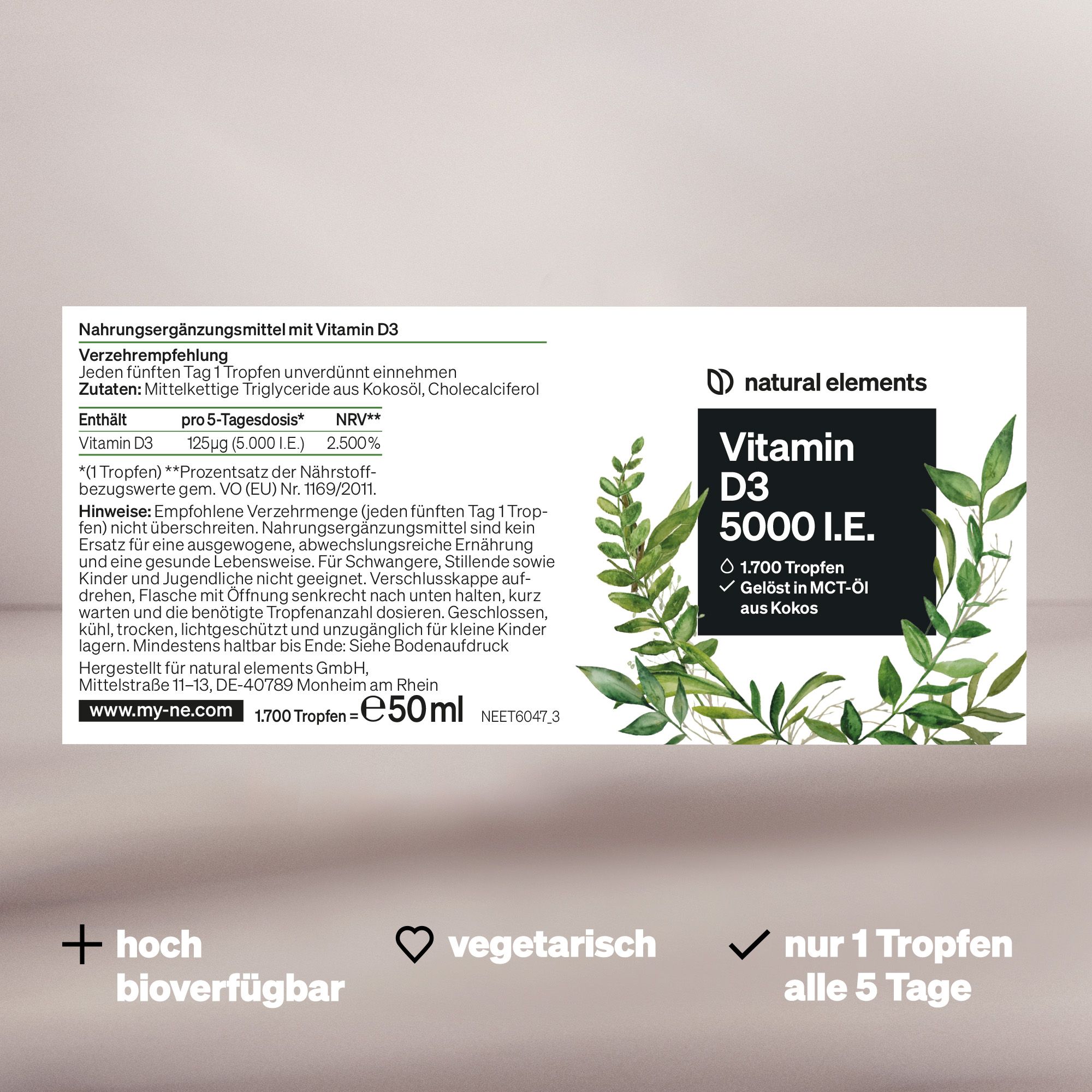 natural elements Vitamin D3 - Laborgeprüfte 5000 I.E./Tropfen - 50ml 1700 Tropfen - MCT-Öl aus Kokos