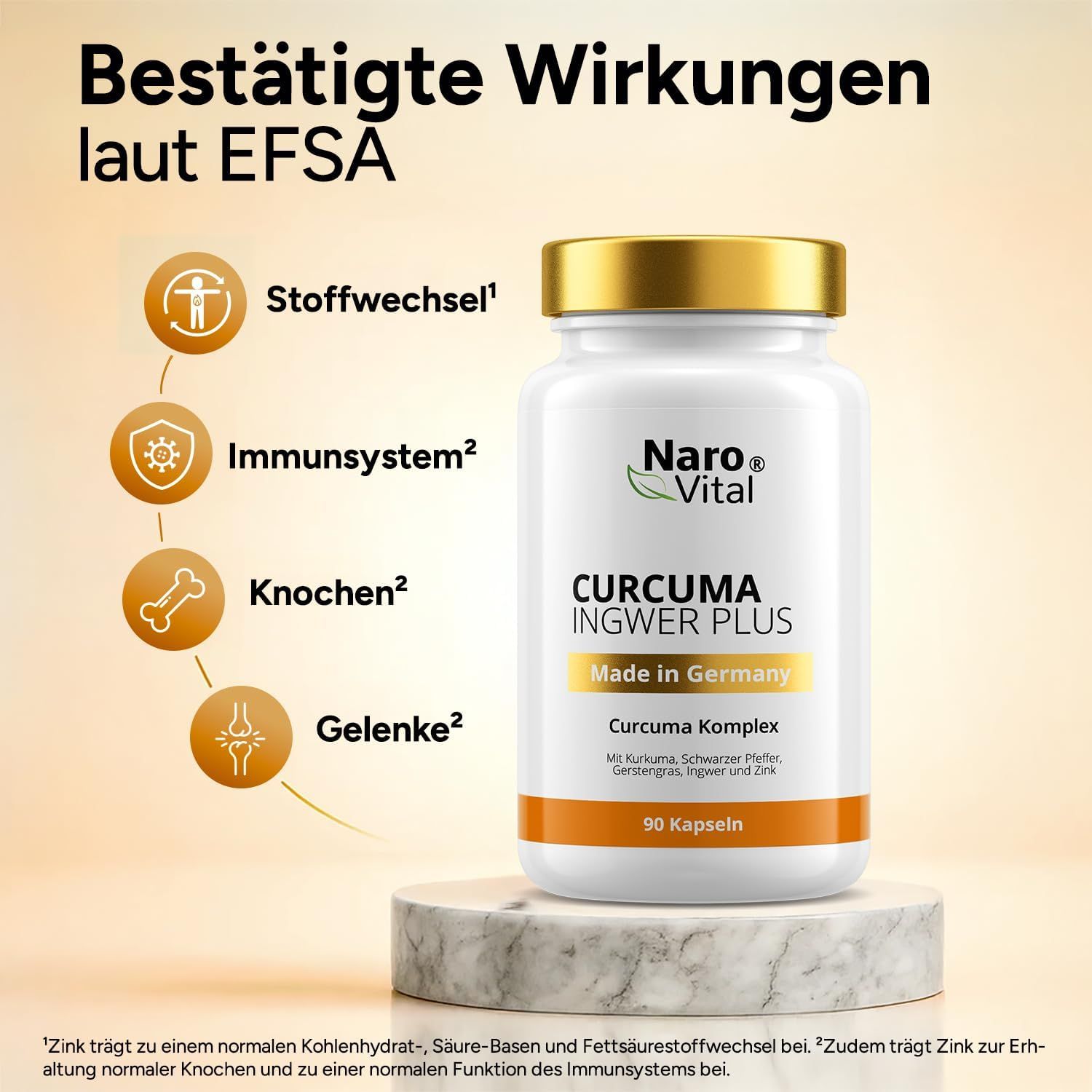 Produktflasche auf Sockel. Grafiken von Stoffwechsel, Immunsystem, Knochen und Gelenken. Aufschrift: NAROVITAL® Curcuma Ingwer Plus.