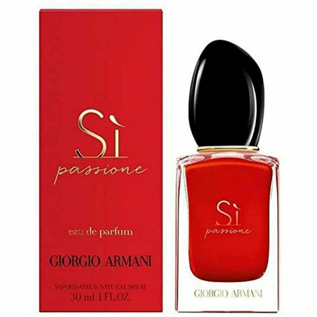 Roter Flakon und Verpackung. Schwarzer Deckel. Text: Sì Passione, Eau de Parfum. Giorgio Armani. 30 ml.