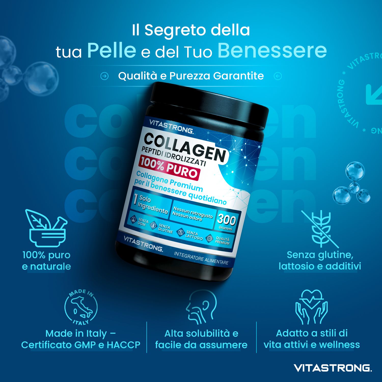 Vitastrong Kollagen, 300 g Dose. 100% rein, ohne Gluten, Laktose und Zusatzstoffe. Hergestellt in Italien.