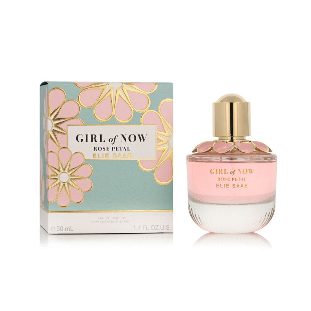 Elie Saab Girl of Now Rose Petal Eau de Parfum Flakon und Verpackung, mintgrün mit rosa und goldenen Blumen.