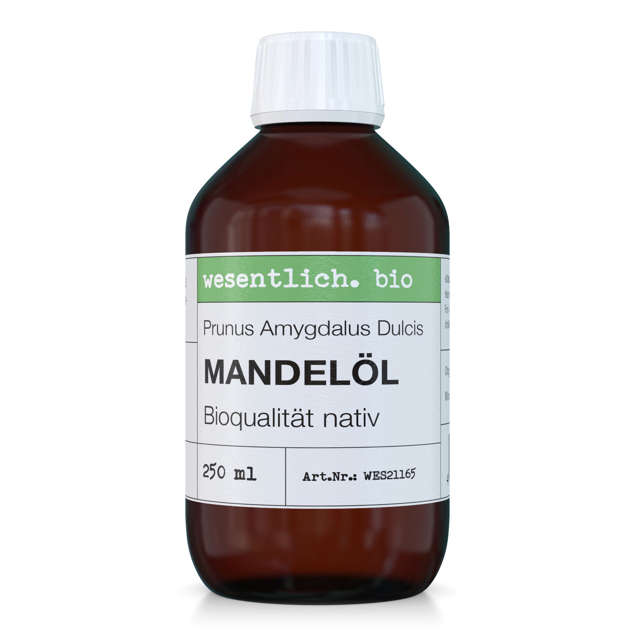 Braune Glasflasche mit weißem Deckel. Etikett mit Produktnamen MANDELÖL und wesentl. bio. 250 ml.