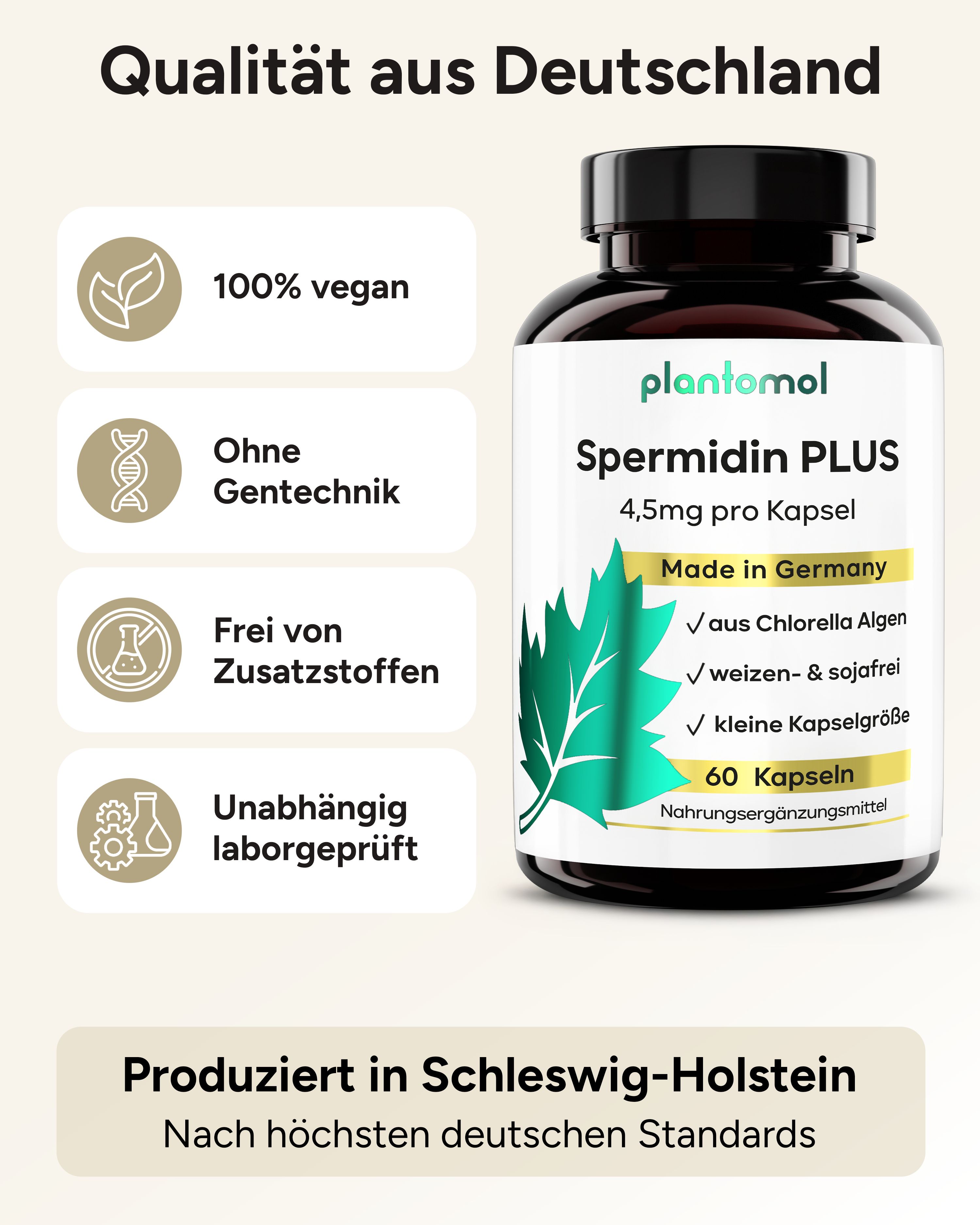 Grafik mit Text: Qualität aus Deutschland. 100% vegan, ohne Gentechnik, frei von Zusatzstoffen, unabhängig laborgeprüft. Flasche mit Kapseln.