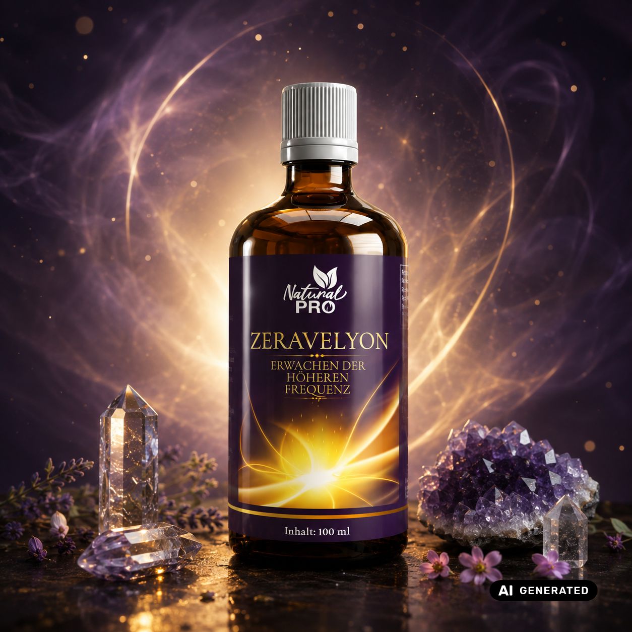 Braune Glasflasche mit weißem Schraubverschluss, gefüllt mit goldener Flüssigkeit. Das Etikett zeigt den Markennamen und eine leuchtende Sonne. Umgeben von Kristallen und Nebel.