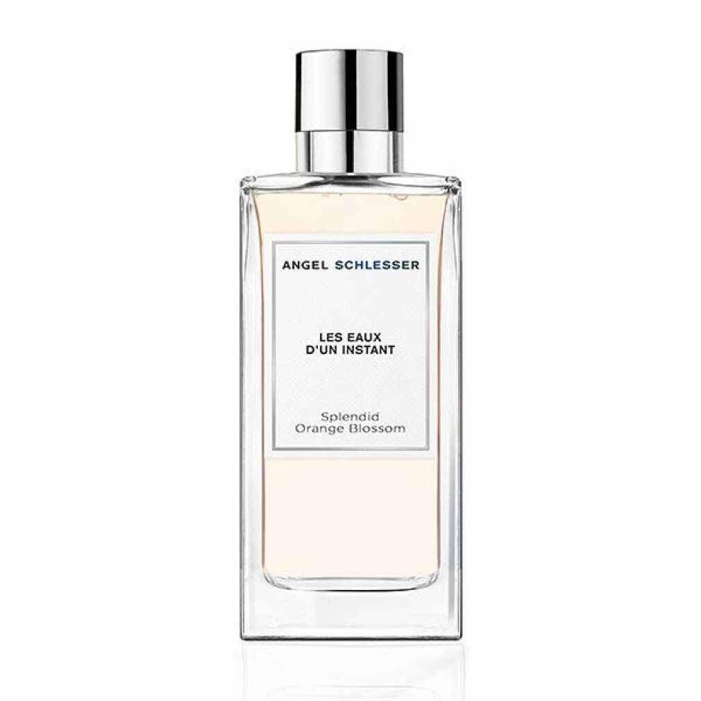 Parfümflakon mit silbernem Verschluss. Auf dem Etikett steht "Angel Schlesser", "Les Eaux d'un Instant" und "Splendid Orange Blossom".