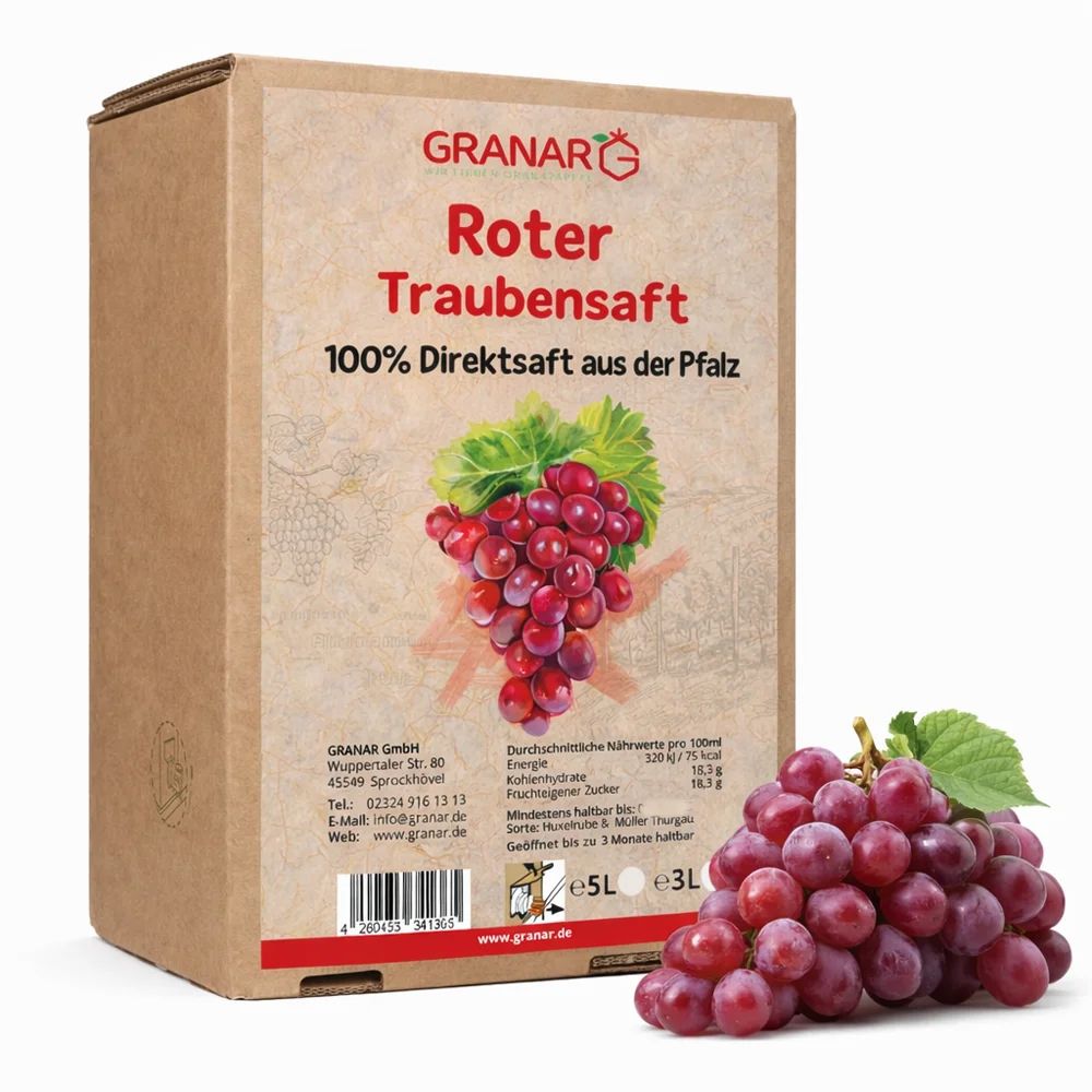 Granar 5 Liter-Box roter Traubensaft aus der Pfalz 1 l Saft