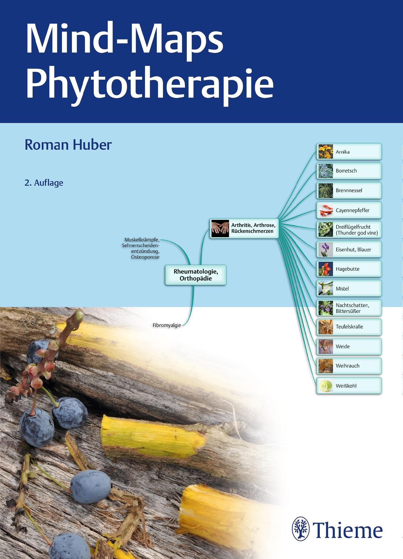 Buchcover von Mind-Maps Phytotherapie. Titel, Autor Roman Huber, 2. Auflage. Mindmap-Illustrationen und Thieme-Logo.