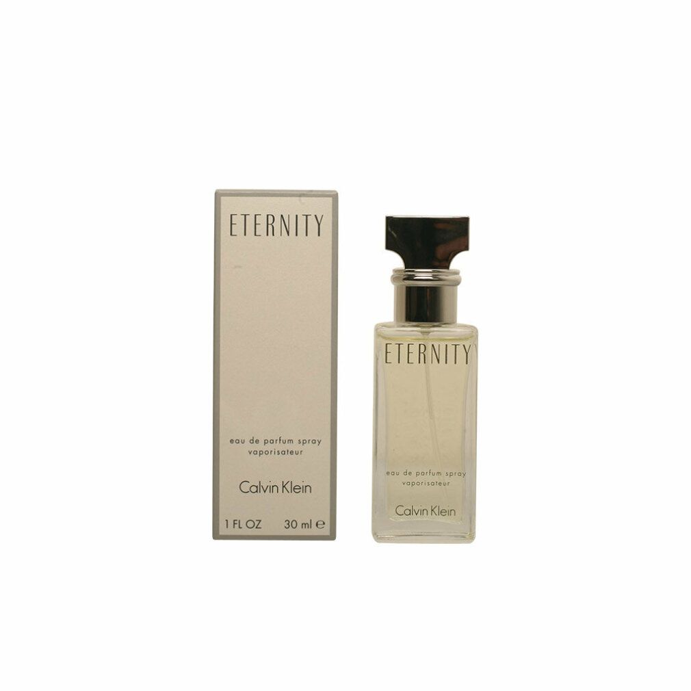 Parfümflasche und Schachtel. Aufschrift: ETERNITY, Calvin Klein. Flasche mit schwarzem Verschluss.