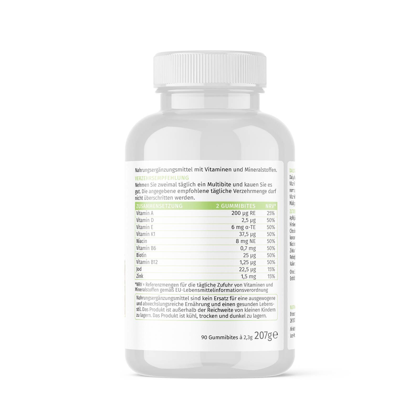 Rückseite einer weißen Plastikflasche. Aufschrift: Nährwertangaben, Vitamine und Mineralstoffe. 90 Gummibärchen, 207g.