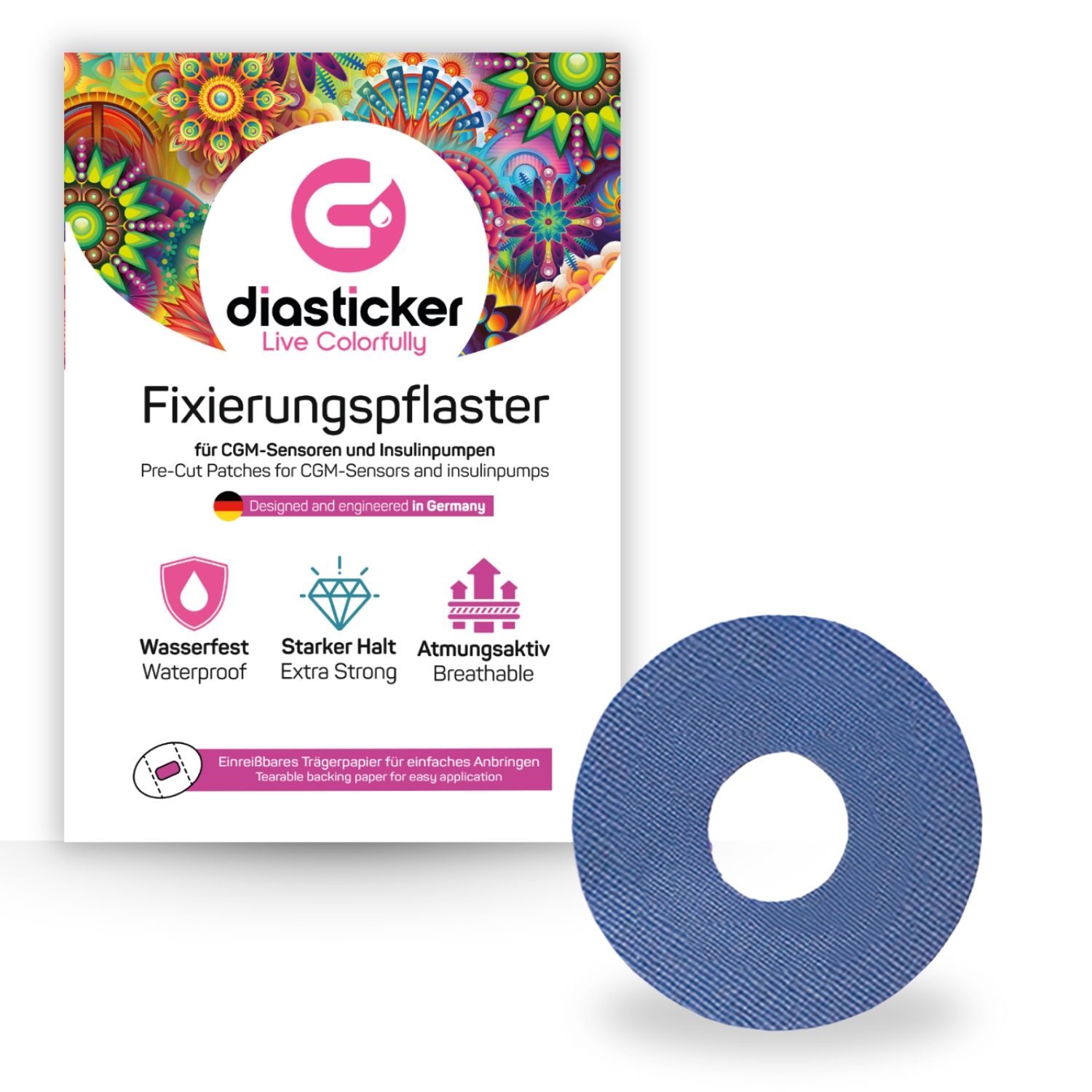 Blaues, rundes Fixierpflaster mit Loch in der Mitte. Auf der Verpackung: Logo, Schriftzug Diasticker, Fixierungspflaster, wasserfest.