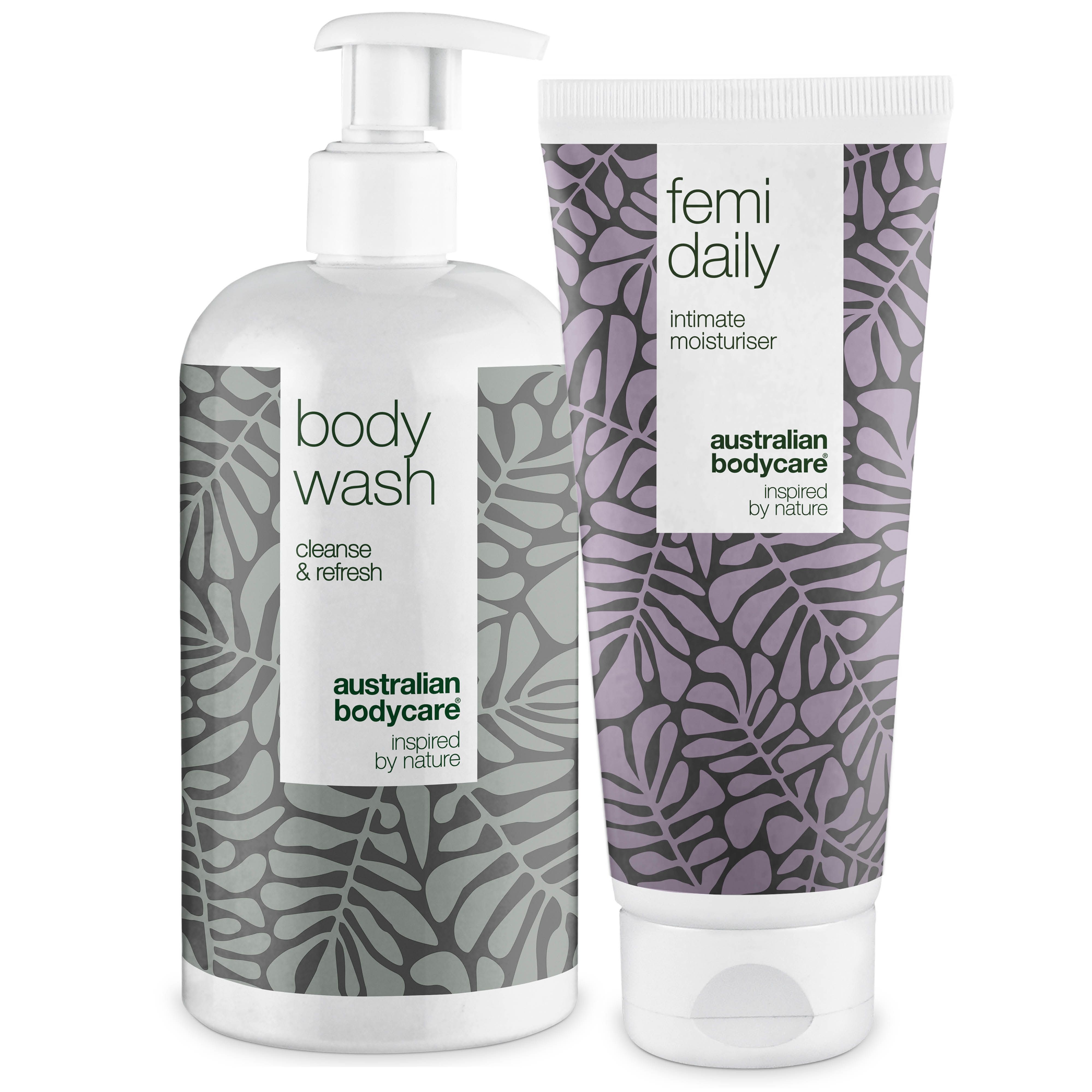 Zwei weiße Flaschen mit grauen Blättern. Eine ist eine Body Wash, die andere eine Intimfeuchtigkeitspflege.