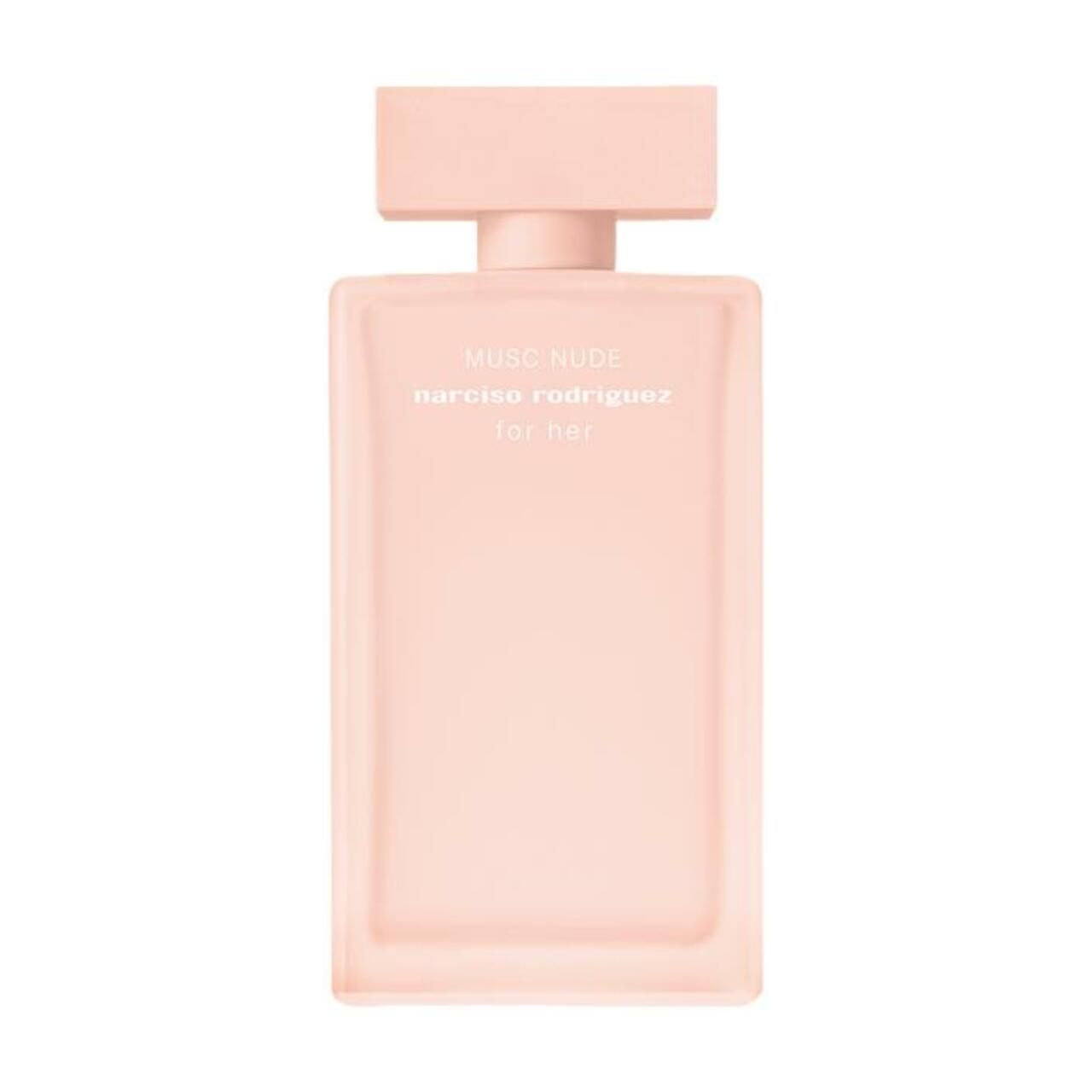 Rosa Flakon mit rechteckiger Form. Aufschrift: Musc Nude, Narciso Rodriguez, for her.