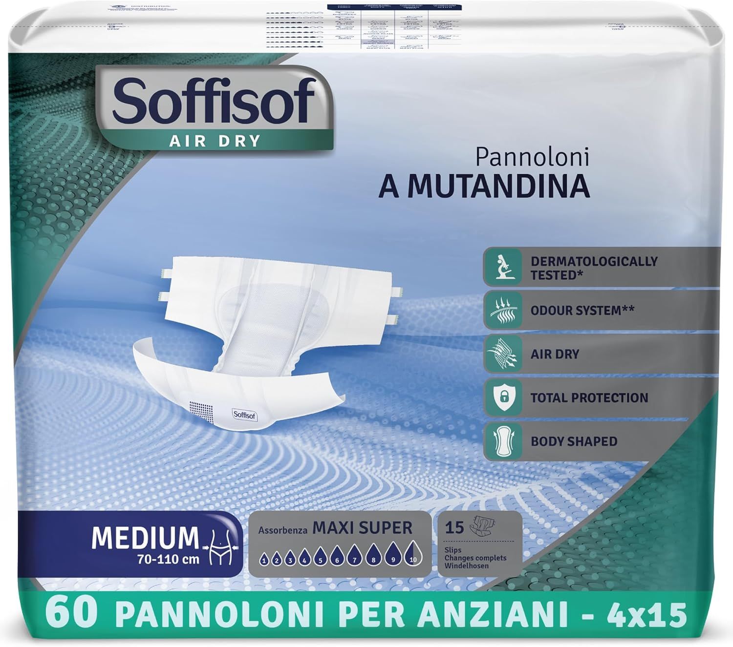 Soffisof Air Dry Windeln für Erwachsene Maxi Super. Packung mit 60 Windeln, Größe Medium, 70-110 cm. Dermatologisch getestet.