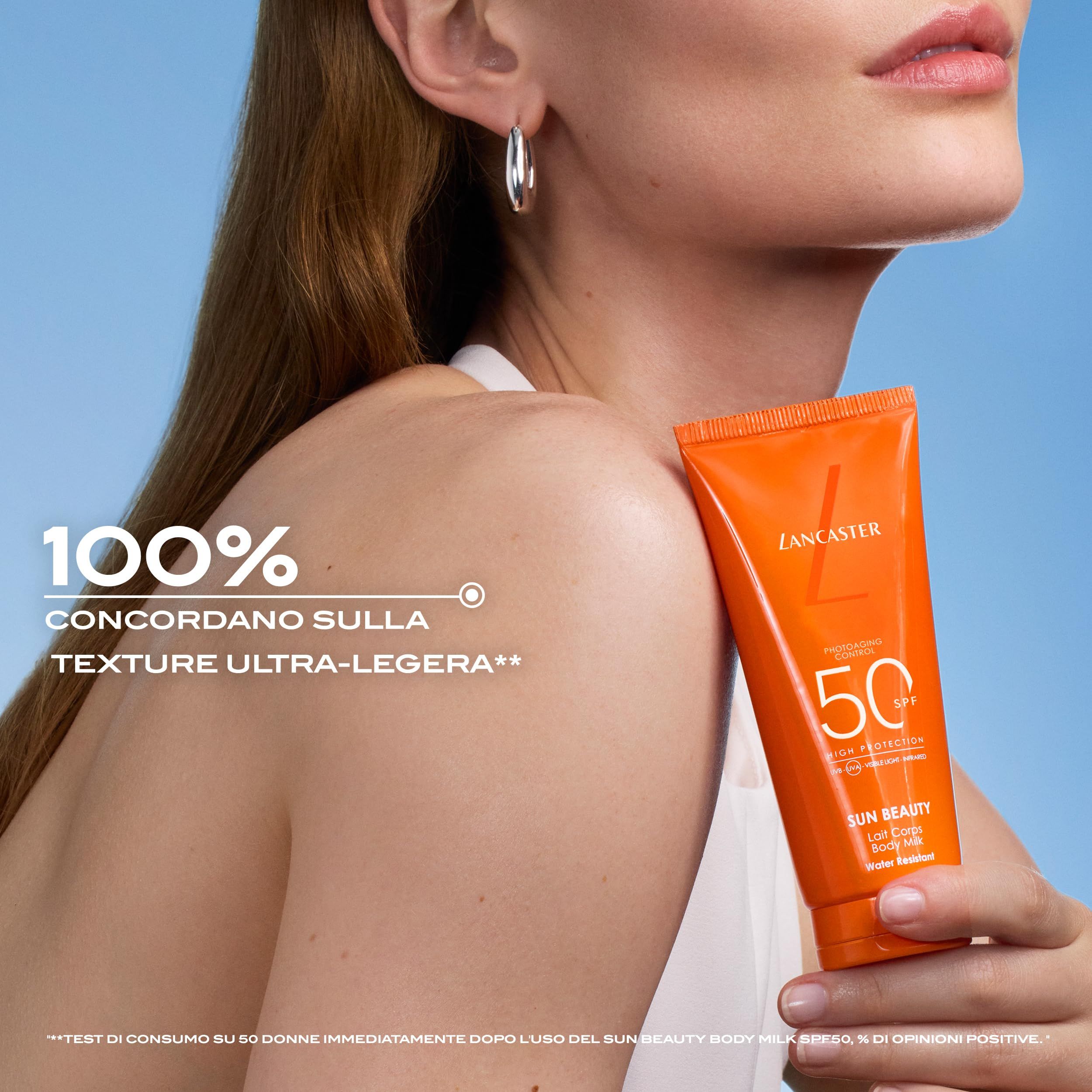 Frau mit Haut und Sonnencreme-Tube. Text: 100% Textur ultra-leicht.