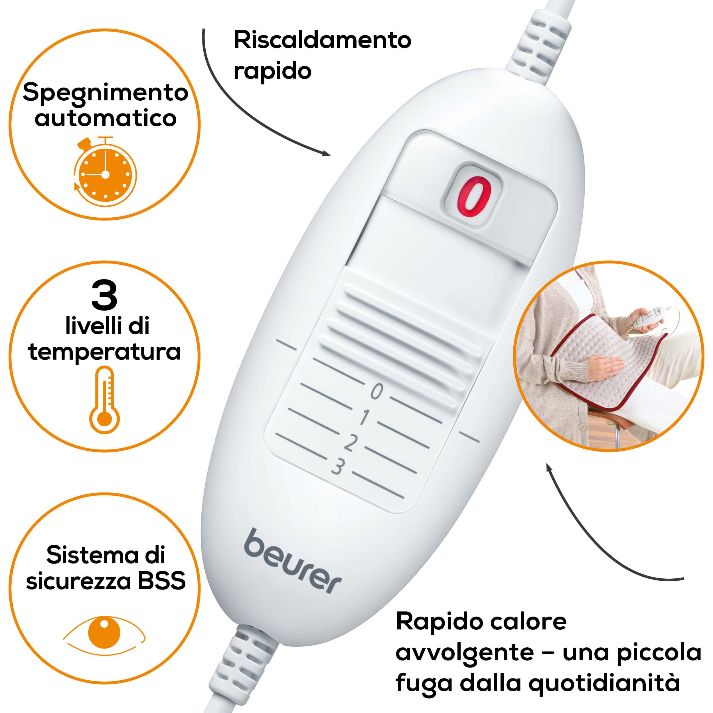Nahaufnahme der Steuerung. 3 Temperaturstufen, Abschaltautomatik, Sicherheitssystem. Beurer Logo.