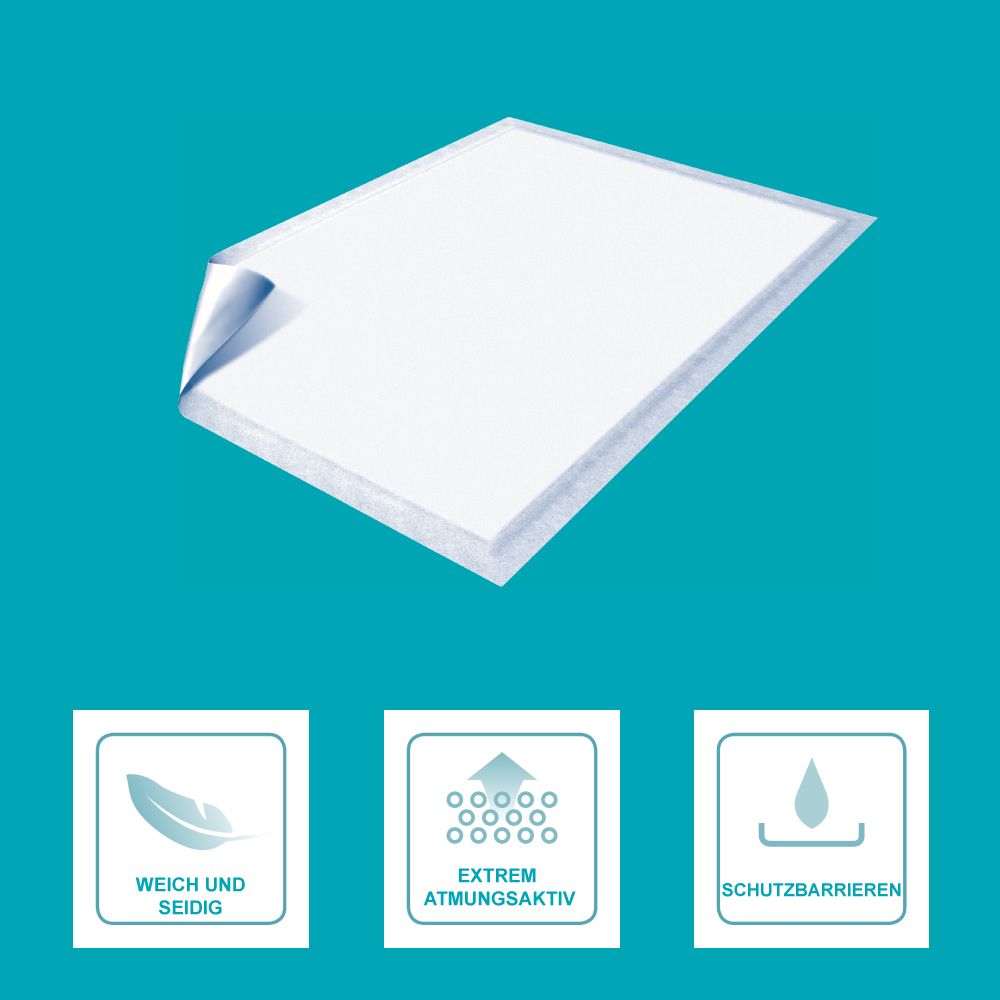 Dailee Bed Baby Bettunterlage. Weiß, mit Symbolen: weich, atmungsaktiv, Schutzbarrieren.
