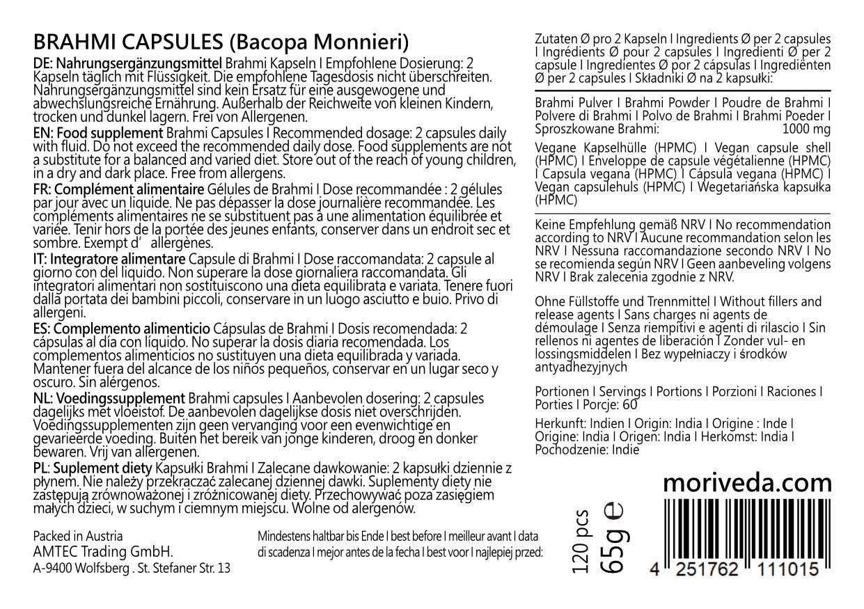 Rückseite der Kapsel-Verpackung. Text: BRAHMI CAPSULES (Bacopa Monnieri). Inhaltsstoffe, Dosierung, Warnhinweise, Hersteller.
