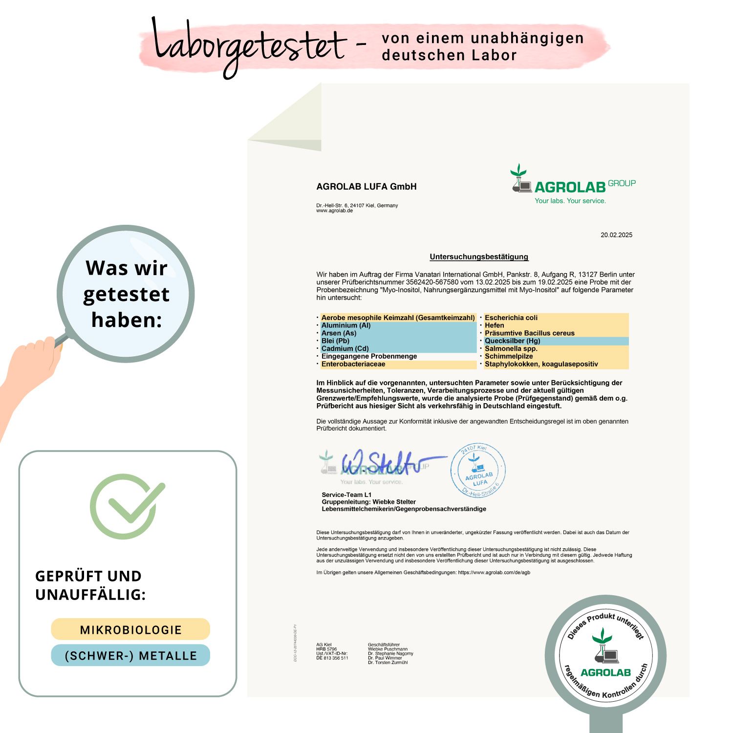 Laborbericht von AGROLAB LUFA GmbH. Bestätigung der Prüfung auf Mikrobiologie und Schwermetalle.