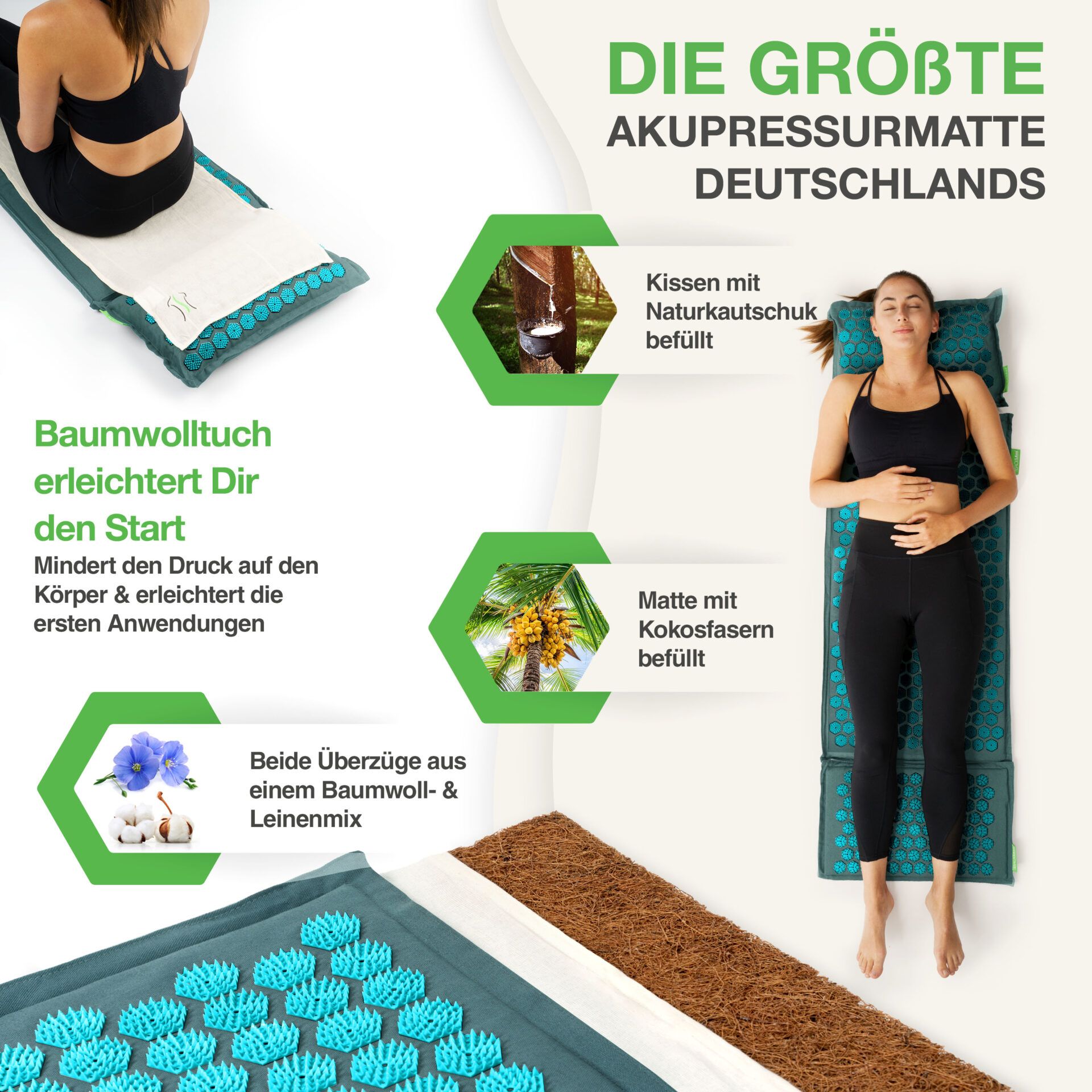Frau liegt auf Akupressurmatte. Text: „Die größte Akupressurmatte Deutschlands“. Baumwolltuch, Kokosfasern, Leinenmix.