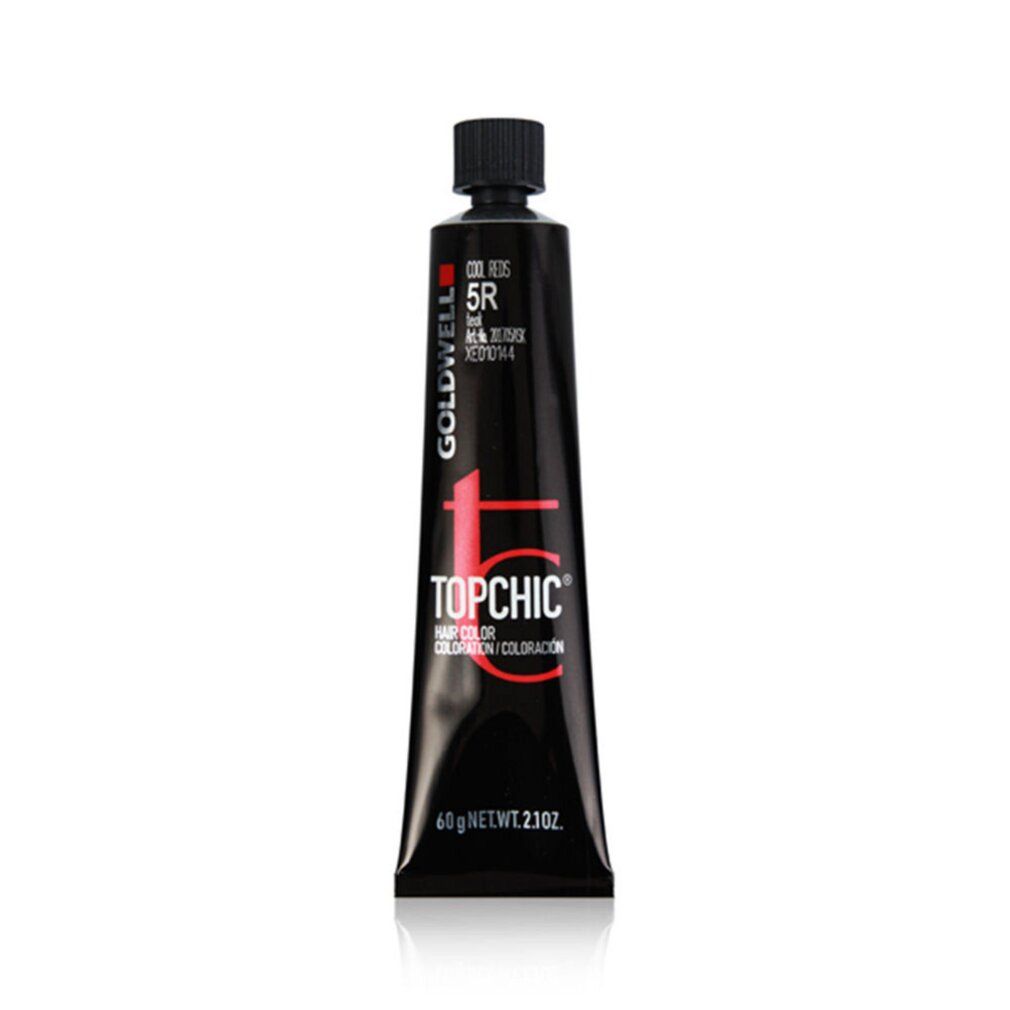 Goldwell Topchic Haarfarbe, Tube. Aufschrift: 5R, 60g. Schwarze Tube mit rotem Logo. Produktname und Farbcode.
