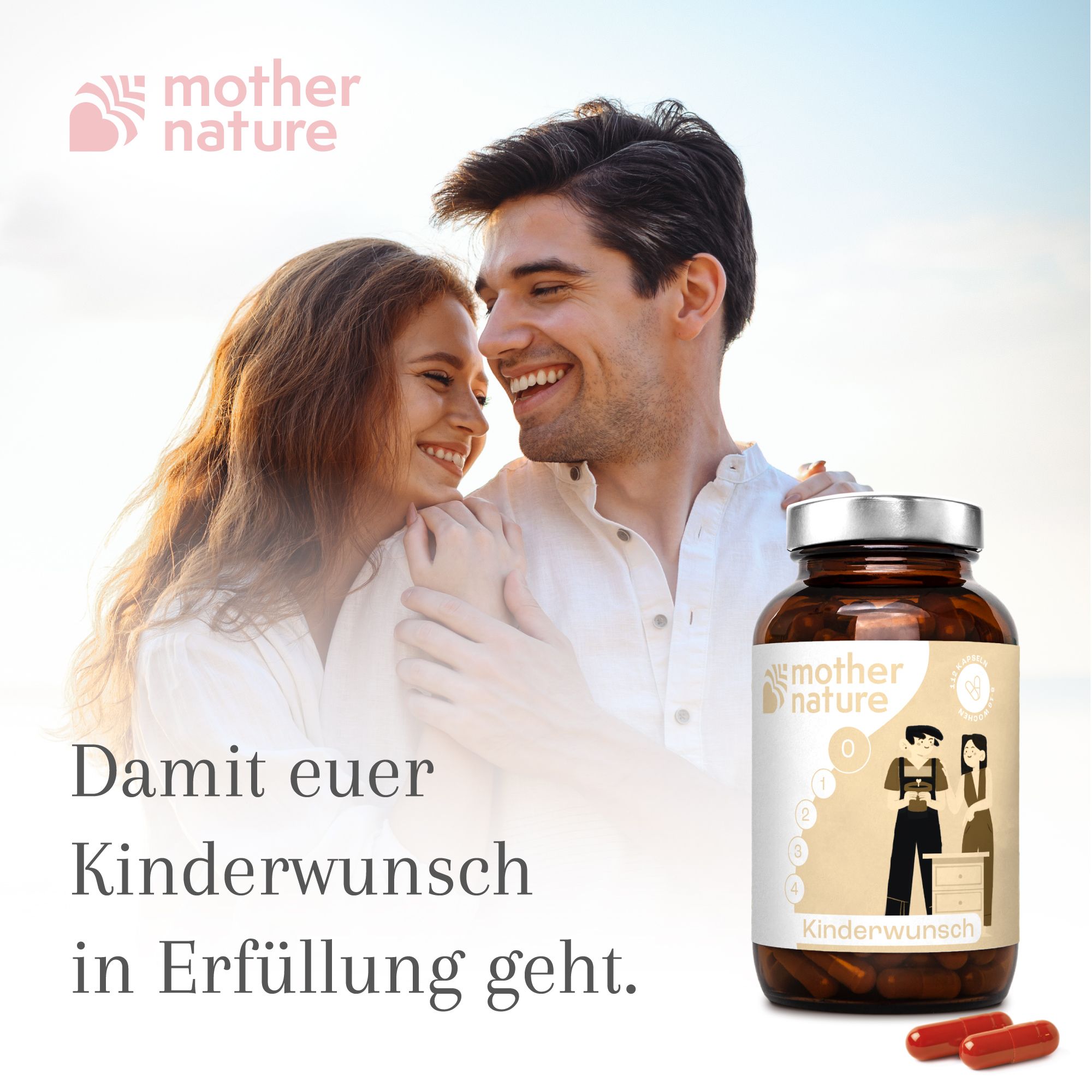 Paar lächelt. Flasche mit Etikett, Logo und Illustration. Text: Kinderwunsch. Text: Damit euer Kinderwunsch in Erfüllung geht.