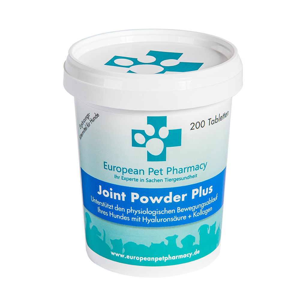 Weißer Eimer mit blauem Etikett. Aufschrift: European Pet Pharmacy Joint Powder Plus. 200 Tabletten. Pfotenkreuz.