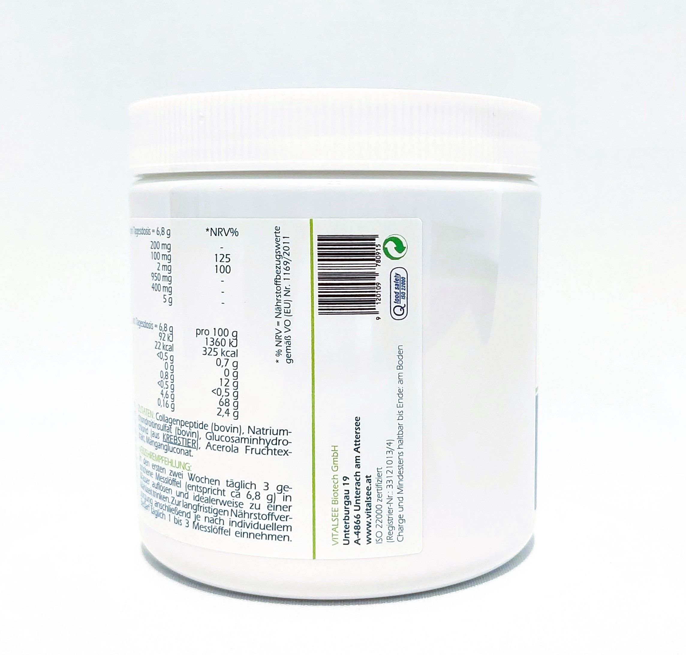 Rückseite des weißen Supplement-Behälters. Enthält Nährwertangaben und Zutaten. Text in deutscher Sprache. Weißer Deckel. QR-Code.